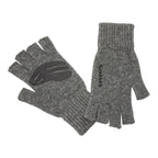 Pair of gray Simms fingerless gloves on a white background