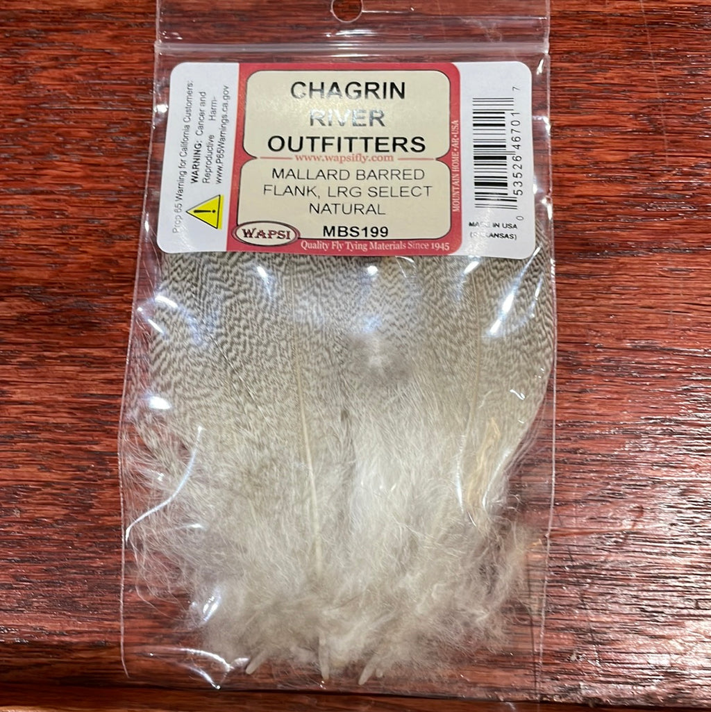 Packaged Wapsi Mallard Barred Flank in natural, select size for fly tying, visible through a clear plastic bag with a red and white label.