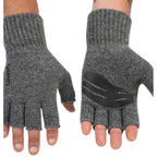 Pair of gray Simms fingerless gloves on a white background