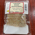 Packaged Wapsi River Outfitters Pearl Chenille in medium size, primarily black with green sparkles, used for fly tying.