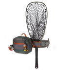 A Fishpond Switchback Belt System 2.0 with various pockets and straps, featuring a wader belt and a shoulder strap, in green, gray, and orange colors with a net