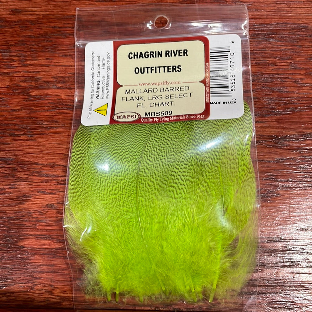 Packaged Wapsi Mallard Barred Flank in chartreuse, select size for fly tying, visible through a clear plastic bag with a red and white label.
