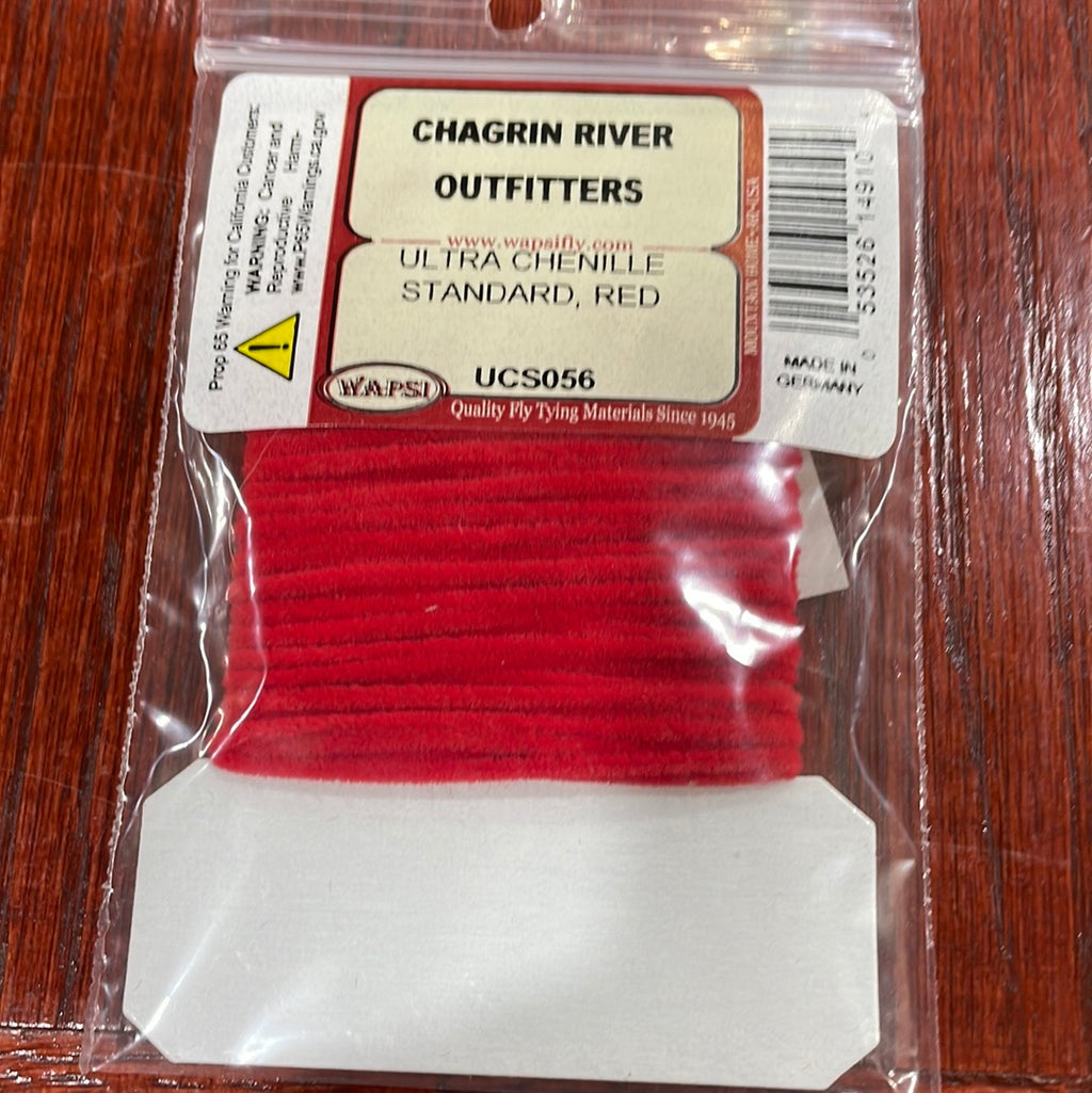 Packaged Wapsi Ultra Chenille Standard fly tying material in red color, labeled with brand and product information.