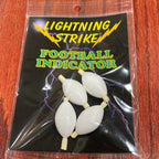 A pack of four white foam football indicators with a fluorescent gasket and a lightning bolt design on the packaging, labeled as 'Lightning Strike Football Indicator'.