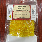 Packaged Wapsi River Outfitters Pearl Chenille in medium size, primarily black with green sparkles, used for fly tying.