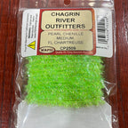 Packaged Wapsi River Outfitters Pearl Chenille in medium size, primarily black with green sparkles, used for fly tying.