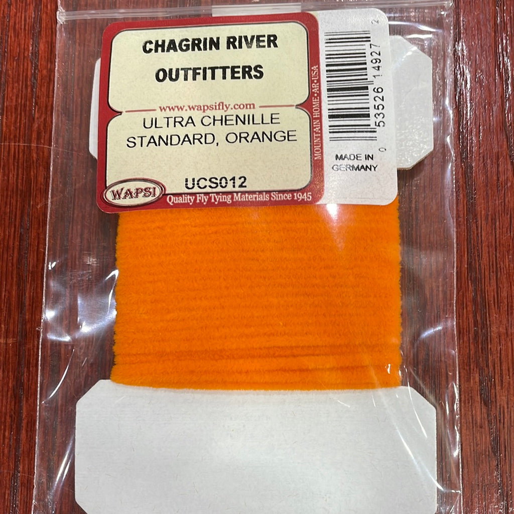 Packaged Wapsi Ultra Chenille Standard fly tying material in orange color, labeled with brand and product information.