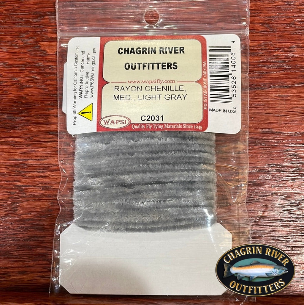 Packaging of Wapsi Rayon Chenille Medium gray fly tying material, with product name and quantity visible.