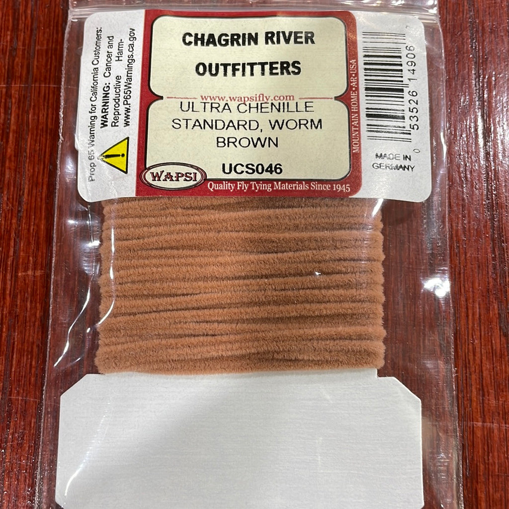 Packaged Wapsi Ultra Chenille Standard fly tying material in worm brown color, labeled with brand and product information.