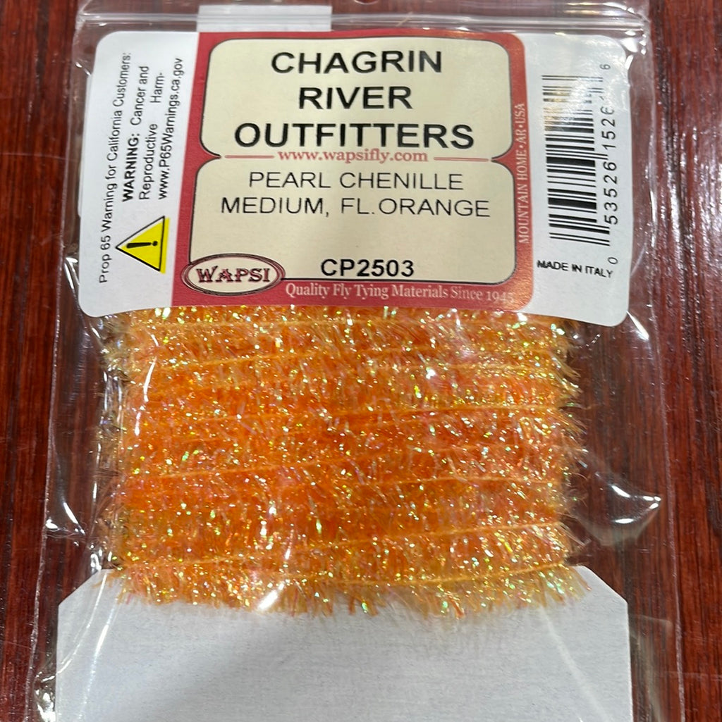Packaged Wapsi River Outfitters Pearl Chenille in medium size, primarily black with green sparkles, used for fly tying.
