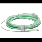 Coiled green fishing line with a label on a white background