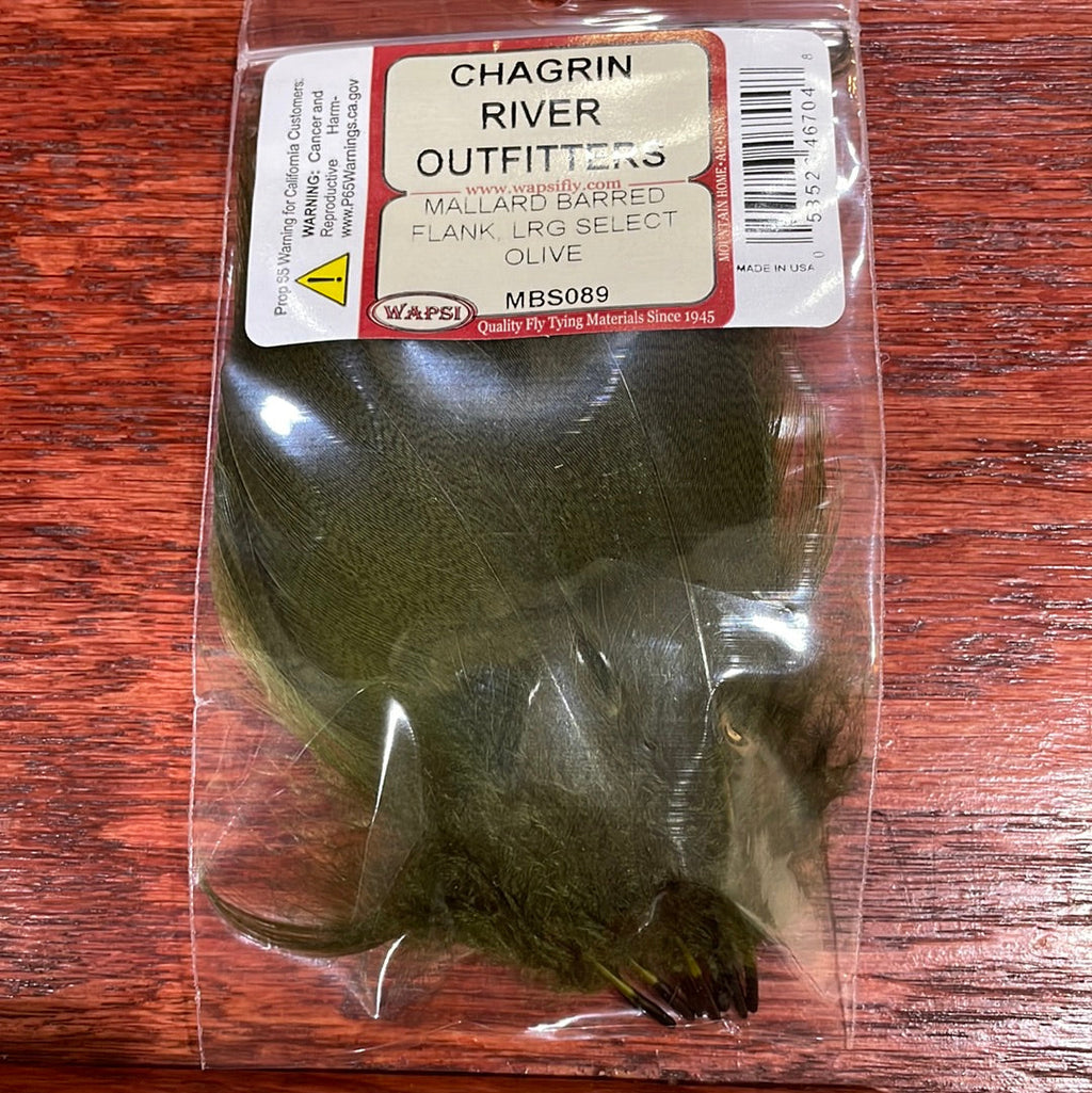 Packaged Wapsi Mallard Barred Flank in olive, select size for fly tying, visible through a clear plastic bag with a red and white label.