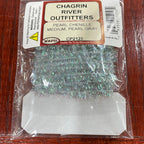 Packaged Wapsi River Outfitters Pearl Chenille in medium size, primarily black with green sparkles, used for fly tying.