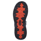 Close-up of a Simms MEN's Freestone Wading Boot - Rubber Soles sole with red and black tread pattern on a white background