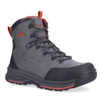 A pair of Simms Men's Freestone Wading Boots with rubber soles, primarily in gray color with orange accents.
