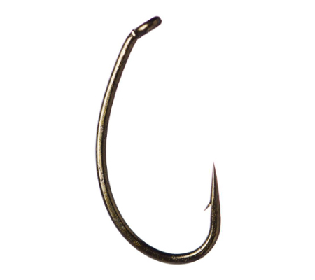 A close-up image of a single Daiichi 1120 heavy wire scud hook, showing its curved shape and down-eye characteristic.