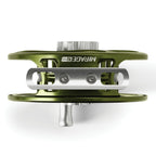 A top view of the Orvis Mirage LT fly fishing reel, showcasing its olive body with orange and yellow accents on the spool, and the brand's logo.