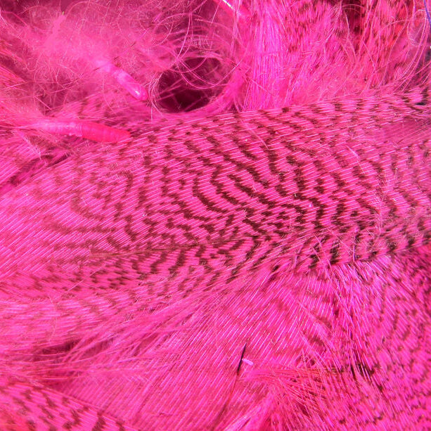 Close-up of pink Hareline Mallard Flank