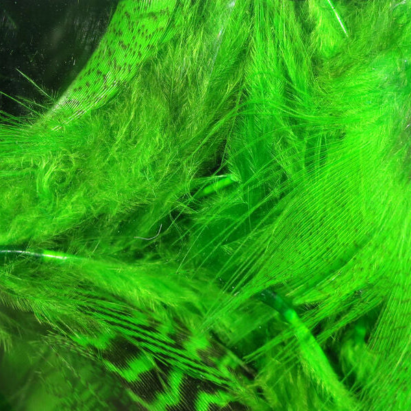 Close-up of bright green Hareline Mallard Flank feathers 