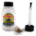 A bottle labeled 'Fly Duster Fly Dryer & Treatment' with a fly fishing lure next to it, indicating the product is used to revive flies for dry fly fishing.