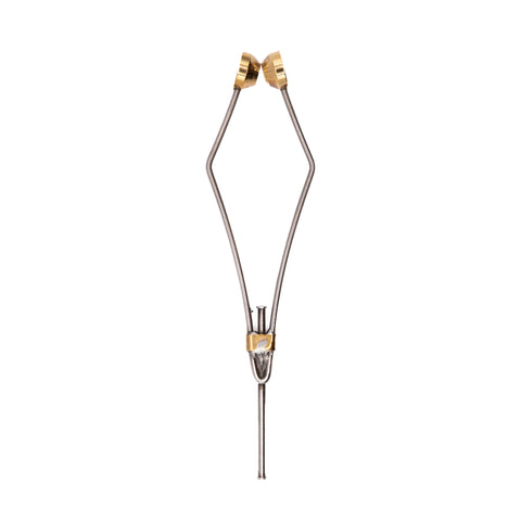 A stainless steel bobbin used for fly tying in fishing, with adjustable parts and gold-colored accents.