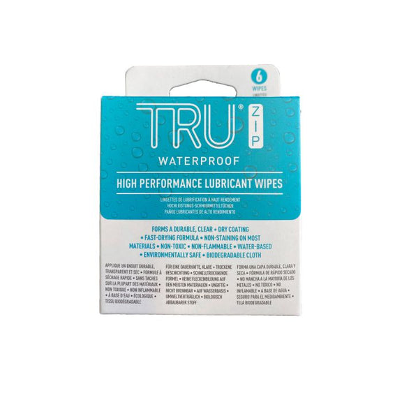 Packaging of Fishpond TruZip High Performance Lubricant Wipes, featuring product information and branding.