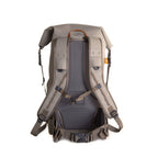 Back view of a gray Fishpond Wind River Roll-Top Backpack with orange straps and zipper closure.