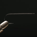 A single gold-colored Daiichi 2461 streamer fishing hook against a black background.